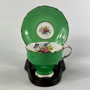 Paragon Fine Bone China Green Floral Teacup Saucer Set Gold Trim England Vintage